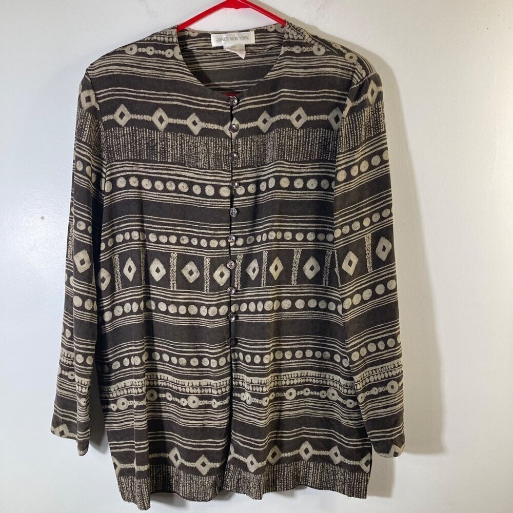 Womens Vintage Jones New York Silk Button Shirt Aztec Print 3/4 Sleeve Brown Tan